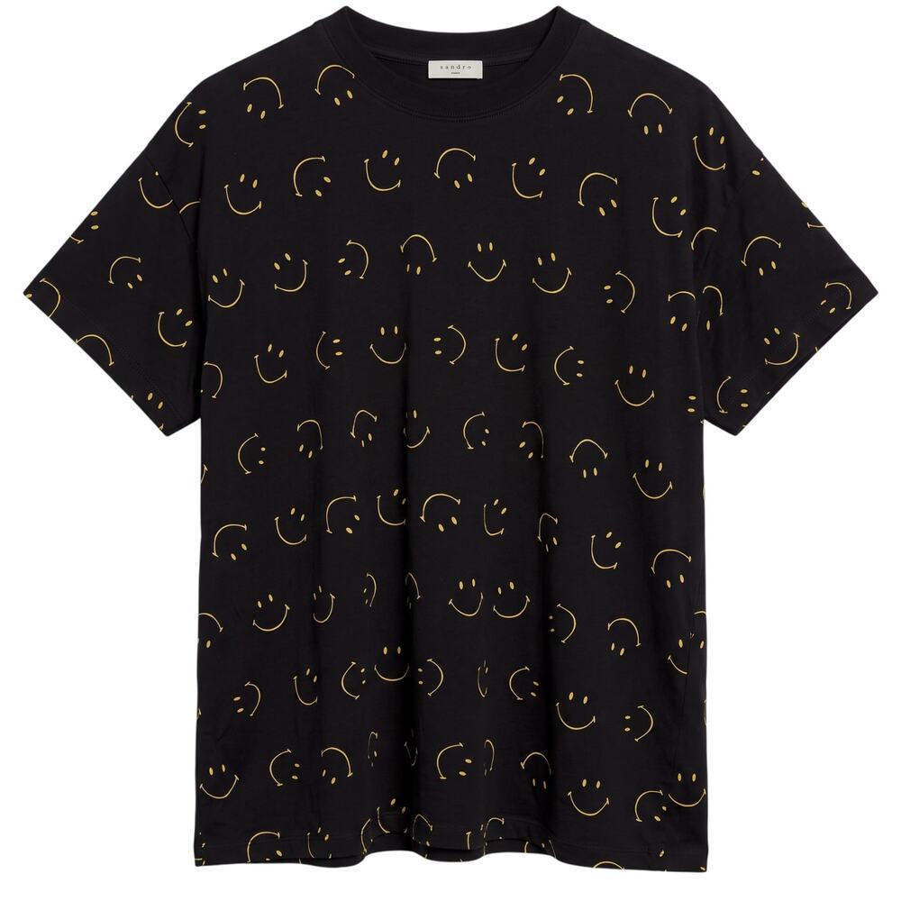 Sandro x Smiley Black Short Sleeve T Shirt Mens Large Smiley Face All Over Print